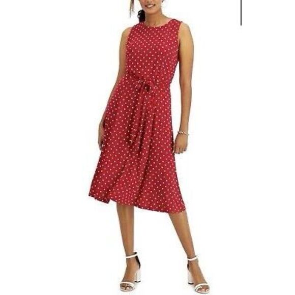 Elle Size M Belted Fit & Flare Dress Red White Polka Dot Preppy Summer High Neck - Picture 1 of 12